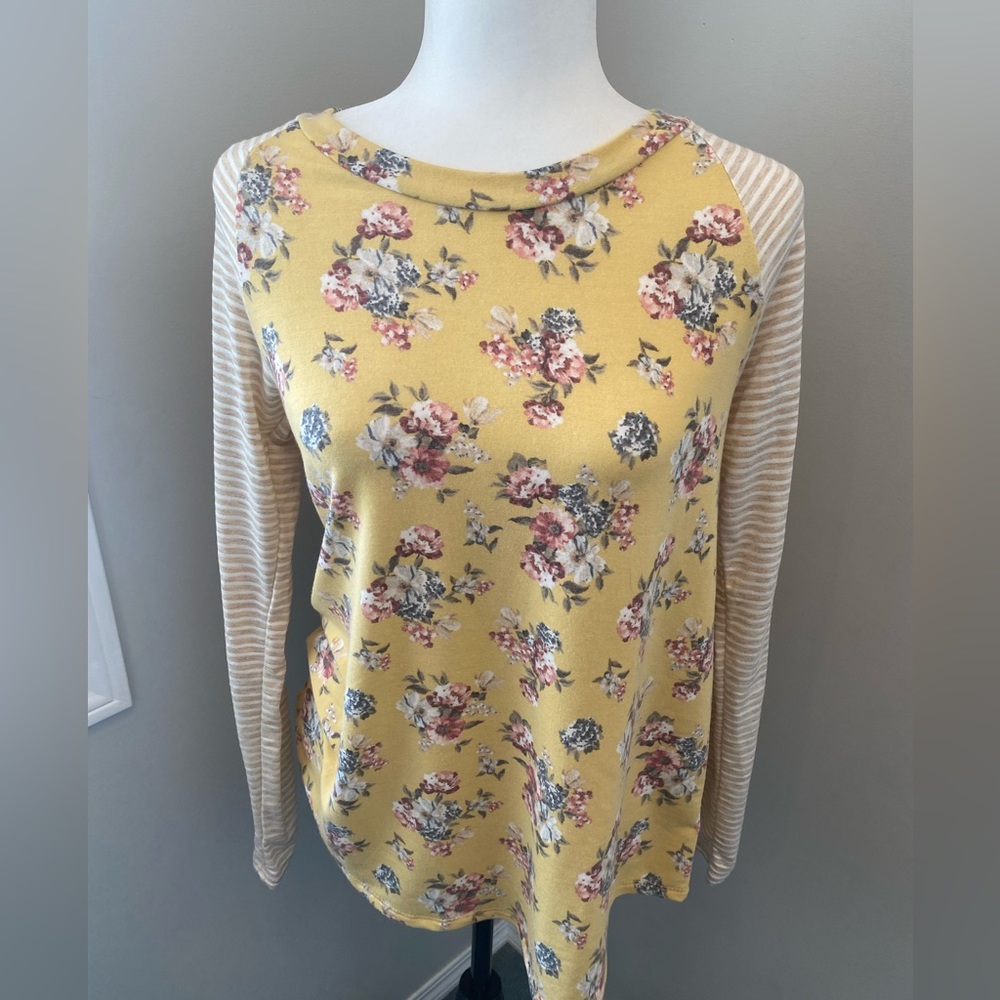 Floral Stripe Long sleeve Top Women -Yellow